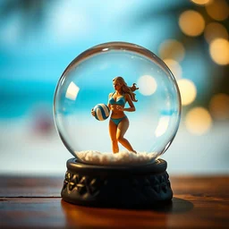 snow globe gift has a trapped female beach volleyball player in bikini holding ball inside, depth of field, bokeh