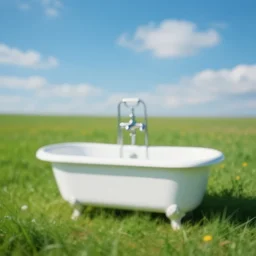 blurry vibrant surreal dream like image of a classic white bathtub with faucet in the middle of a grass field at broad daylight blue sky with clouds taken using dream recording device