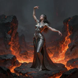 a full body portrait of a beautiful post apocalyptic offworld nordic necromancer dancing reposed by the magma pits, intricate, elegant, highly detailed, digital painting, artstation, concept art, smooth, sharp focus, illustration, art by krenz cushart and artem demura and alphonse mucha