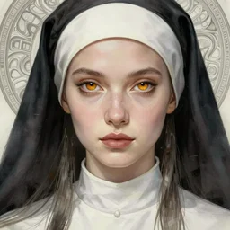 futuristic nun woman portrait, sci - fi, amber eyes, face, long hair, fantasy, intricate, elegant, highly detailed, digital painting, artstation, concept art, smooth, sharp focus, illustration, art by artgerm and greg rutkowski and alphonse mucha