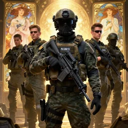 a navy seal wearing military tactical gear designed by nike by greg rutkowski, loish, rhads, ferdinand knab, makoto shinkai and lois van baarle, ilya kuvshinov, rossdraws, tom bagshaw, alphonse mucha, global illumination, radiant light, detailed and intricate environment