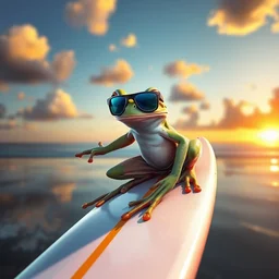 a frog on a surfboard, wearing board - shorts and sunglasses, photorealistic, sunset, beach, lens flare, digital painting, digital art, highly detailed, ultra high detail, 8 k wallpaper, 4 k wallpaper, concept art, award winning