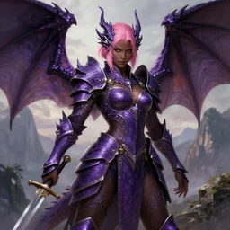 full portrait of a alluring dragon hunter, female, intricate purple armor, dragon themed, ornamental, sprouting wings, dark brown skin, short pink hair, swords, battle pose, background filled with mountains, boudoir pose, epic, highly detailed, extremely detailed face, high fantasy, digital painting, by artgerm and greg rutkowski and alphonse mucha, artstation