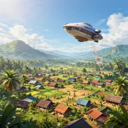 Lively sunny landscape of a kerala village, spaceship landing, furious action scene, realistic detailed digital art by Maxwell Boas Jessica Rossier Christian Dimitrov Anton Fadeev trending on Artstation CGSociety rendered in Unreal Engine 4k HQ