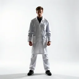 fierce chemist with test tubes, cinematic studio photo, full body, standing, isolated on a pure white background, centered, whole figure in frame, sharp focus, studio lighting