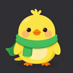 a cute yellow bird blushing wearing a green scarf, vector art
