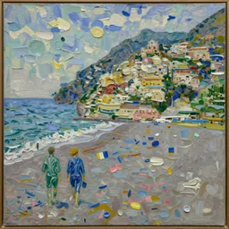 rich and indulgent oil paint impasto reliefs, positano beach scene, an artwork by charles w. bartlett and jackson pollack and colin campbell cooper and very slight influence of van gogh