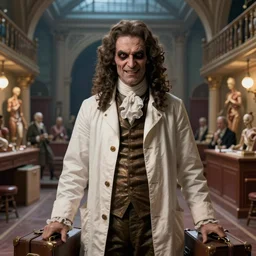 detail portrait 18 century doctor, male, elegant, in suitcase, digital fantasy art, hands straight down, evil eyes, insane, in anatomy theatre, under light, at late evening by greg rutkowski and thomas kinkade, Trending on artstation