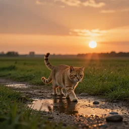 a singular cat walking through some rain puddles on the grass and some little rocks at sunset, cute, godrays, complementary colors, calm, relaxing, beautiful landscape, highly detailed, high quality, 4k HDR, natural lighting, close view, path tracing, orange palette, anatomically correct, hyperrealistic, low contrast