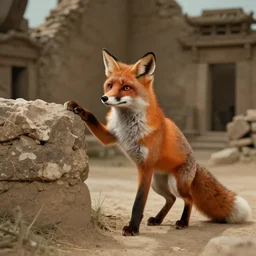 anthropomorphic fox explores ancestral ruins, 1 9 3 0 s film still