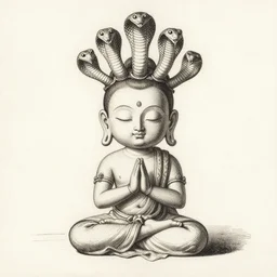 sketch of a chibi patanjali meditating with a crown of snakes, etching by louis le breton, 1 8 6 9, 1 2 0 0 dpi scan