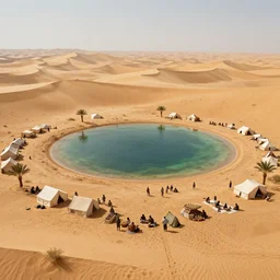 ultra realistic illustration, big desert with oasis in the middle, settlers in tents selling foods, matte painting, hyper detailed photo realism by greg rutkowski, rich contrast of colors, 1 0 0 mega pixels, league of legends artwork