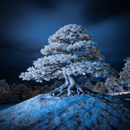 award winning infrared long exposure photography by andy lee, blue filter, beautiful bonsai tree on a hill, ariel view, dramatic lighting, wide angle lens, long exposure photography