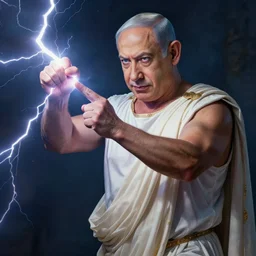 benjamin netanyahu as a greek god shooting lightning bolts with his hands, highly detailed, by artgerm and greg rutkowski