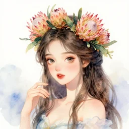 a beautiful princess with protea flower crown, watercolor, fantasy, fairytale
