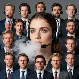 face portrait of a headset wearing telemarketer appearing out of puffy steam, Alena Aenami, Petros Afshar, Noah Bradley, Anton Fadeev, Anato Finnstark, Steve Henderson, Filip Hodas, Mark Keathley, Thomas Kinkade, Phil Koch, Gilbert Williams, Mike Winkelmann, Beeple