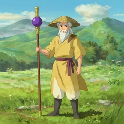 a chinese battle monk, wearing a faded yellow toga, a straw hat, holding a wooden long staff with a purple orb at the end of the stick, the stick is perpendicular to the floor, long white beard, beautiful valley with a meadow and dozens of mountains, lots of shading, full body shot, drawn in the style of makoto shinkai