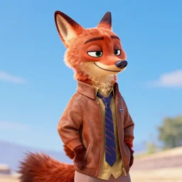 3 d render, partite, anthropomorphic fox, male, in a brown leather maxi jacket, in the style of zootopia