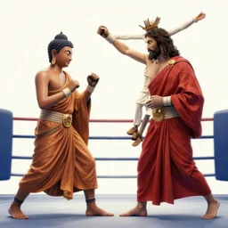 gautama buddha fighting with jesus christ in a boxing match. live action footage