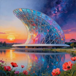 a beautiful very detailed painting of building urbex nature motel by oscar niemeyer, lake futuristic nature myst retrowave made of glass sunset gem universe postcyberpunk nightvision hyperrealism poppy, archdaily, wallpaper, highly detailed, trending on artstation.