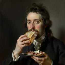 steve albini eating a loaf of fresh bread and some good cheese or roast beef, portrait, oil on canvas, by jean - honore fragonard