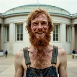 far view, in british museum, extremely skinny malnourished redneck white male with long beard, wearing dirty overalls, dirty greasy face, grin, portrait, close up, kodak gold 2 0 0, 5 0 mm,