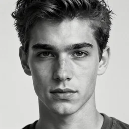 A close-up, black and white studio photographic portrait of a beautiful young male model, dramatic backlighting, 1973 photo from life magazine, 4k, 8k