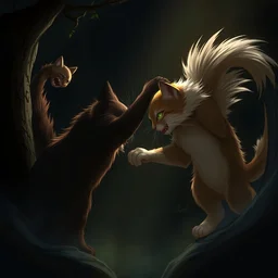two cats fighting in the dark forest, dramatic, backlighting, trending on artstation, digital art, trending on furaffinity, by wayne mcloughlin