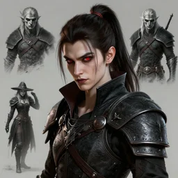 a digital art portrait of a young vampire warrior with red eyes, impudent face, ponytail, character design from dark souls, old inquisition witcher character sheet, 4 k, ultra detail, volumetric lighting, unreal engine, octane render