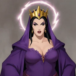 portrait of plump female evil sorceress, golden tiara, purple robe and veil, lightning halo, strong line, muted color, beautiful! coherent! by frank frazetta, by boris vallejo