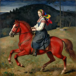 the computer art shows the heroine riding on a magnificent red horse. she is clad in a traditional russian folk costume, complete with a brightly - colored headscarf. her face is pale and beautiful, with a look of resolve in her eyes. behind her, the horse's hooves churn up the earth as they gallop across the countryside. in the distance, the dark forest looms, its trees reaching up into the sky. nuremberg chronicle by mark lovett, by remedios varo blocks
