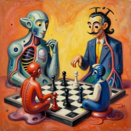 an extremely high quality hd surrealism warm painting of 4 d perspective neon complimentary - colors cartoon surrealism melting sculpture composition of zaha hadid biological anatomical chess players by a much more skilled version of kandinskypicasso and salvia dali the fourth, salvador dali's much much much much more talented painter cousin, 8 k, ultra realistic, nerves, veins, arteries