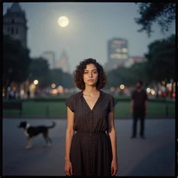 beautiful brown woman, kodak portra 4 0 0, wetplate, muted colours, mexico city park, stray dogs, motion blur, portrait photo of a backdrop, city lights, full moon, sparkling, fog, by georges melies and by britt marling