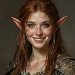 female halfling bard, beautiful detailed eyes and a bright smile, dirty, fantasy, intricate, rough, highly detailed, digital painting, 4k, HDR, concept art, smooth, sharp focus, upper body shot, illustration, art by Artgerm, H R Giger and Alphonse Mucha