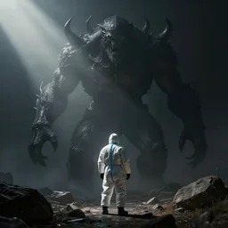liminal darkness space, hazmat suit, monstrous being