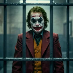 willem dafoe as the joker behind bars in prison, movie poster, superrealism, quality, post - production, image depth, focus, gloomy, mysterious, haze, 3 d computer render, 8 k