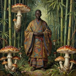 ancient japanese monk, by kiki smith, by zdzisław beksinski, by wangechi mutu, concept art, third - person, traverse, bamboo, mushrooms, mycelium, mycena acicula, tremella - fuciformis, insanely detailed and intricate, hypermaximalist, elegant, ornate, hyper realistic, super detailed