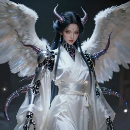 buddhist taoist wuxia art drawing painting of demon angel cyborg mutant cg anime girl beautiful face portrait and mechanical tentacles and synaptic glows wearing white silk robe 3 d photorealistic cinematic shot with leica zeiss depth of field and lens flare in style of frank miller and ito junji squareenix trending on pixiv artstation