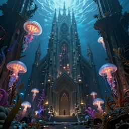 high quality photo of cinematic underwater dystopian neo - gothic cathedral ruins with giant bioluminescent colorful aquatic plants and jellyfish, digital art masterpiece, aykut aydogdu eric zener, dramatic volumetric light, extreme long shot, ground angle uhd 8 k, sharp focus