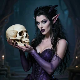 a voluptuous evil female dark elf witch holding a skull, photo real, very realistic