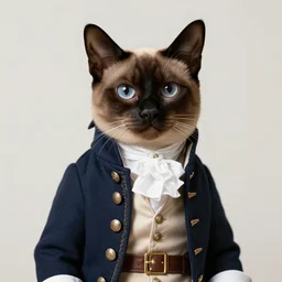 cute brown burmese cat with serious expression wearing regency era menswear in navy and white, thomas lawrence, greg rutkowski