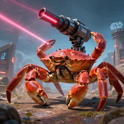 shoulder shot of a huge gigantic crab with a [ shooting ] [ star - wars ] [ blaster - turret ] attached to its back crawling towards a village, [ star wars ] [ laser ] [ turret ] [ attached ] to top of crab, xf iq 4 f 5. 6 iso 2 0 0, mcquarrie