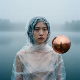 a closeup portrait of a woman wrapped in plastic, standing next to a levitating copper orb, in a foggy lake, color photograph, by vincent desiderio, canon eos c 3 0 0, ƒ 1. 8, 3 5 mm, 8 k, medium - format print