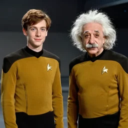 Young Eintsein and Old Einstein in starfleet uniforms from the next Star Trek movie
