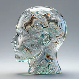 man made of glass, animals inside his head : ornate, dynamic, particulate, intricate, elegant, highly detailed, centered, artstation, smooth, sharp focus, octane render