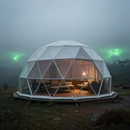 modular dome house. there is paradise in heaven. smoky ambience. slight green glow in the very far distance.