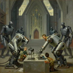 drab human workers building robots, watched by evil fascist robots, brutalist factory chapel, dystopian, pj crook, edward hopper, oil on canvas