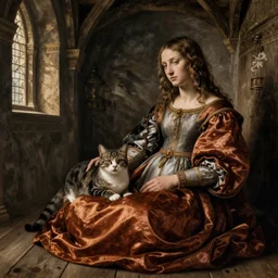 sill life with a cat, medieval house interior, Botticelli style