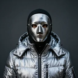 wet plate portrait, silver metallic moncler jacket, metal mask,