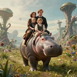 35mm still from a sci fi blockbuster movie made in 2022, set in 1860, of a family, each member of the family is riding on the back of a alien hippo, on an alien planet, across an alien landscape that is full of strange wild alien plants and flowers, the family are wearing 1850s era clothes, cinematic lighting, 8k, in focus faces, good quality lighting, good quality photography, oscar winner